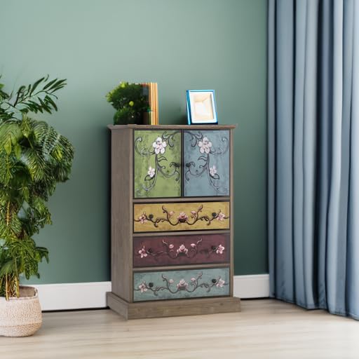 finetones Wood Dresser Chest of Drawers, Tall Dresser Boho Dresser with Drawers and Doors, 16.1D x 23.6W 42.3H Inch Wood Dresser Accent Dresser for Home Office finetones