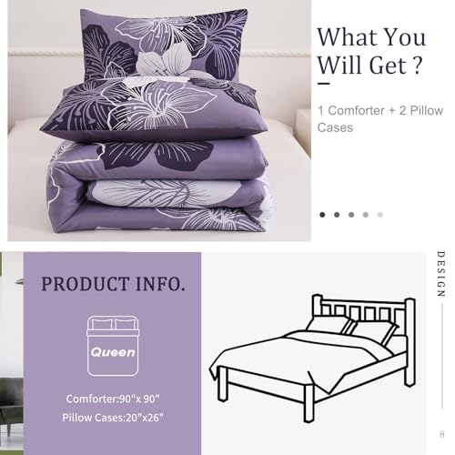 Menghomeus Queen Comforter Set Dark Purple Floral Bedding Comforter Sets - Soft Microfiber Bed Comforter Set for All Season, 3 Piece Botanical Flowers Comforter, Pillowcases Menghomeus