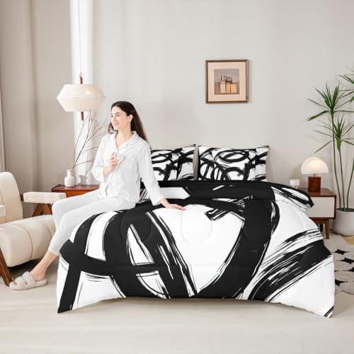 Erosebridal Black White Abstract 7 Piece Comforter Set King Bed in A Bag Modern Graffiti Minimalist Line Bedding Set Simple Sketch Cool Unique Geometric Sheet Set Ink Painting Aesthetic Quilt Erosebridal