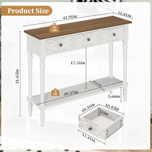 3More Entryway Console Table with 3 Drawers,42" Carved Hallway Table with Open Shelf,Long Sofa Table for Living Room, Hallway, Behind Couch,White 3More