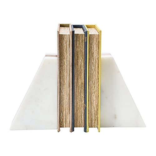 Main + Mesa Marble Geometric Bookends with Wood Inlay, White Main + Mesa