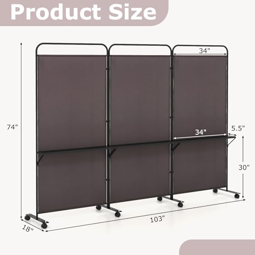 Giantex 3 Panel Room Divider with Wheels and Shelves, 103" W x 74" H Folding Privacy Screen, Rolling Partition Separator for Home Office Studio, Fabric Wall Divider for Room Separation (Brown) Giantex