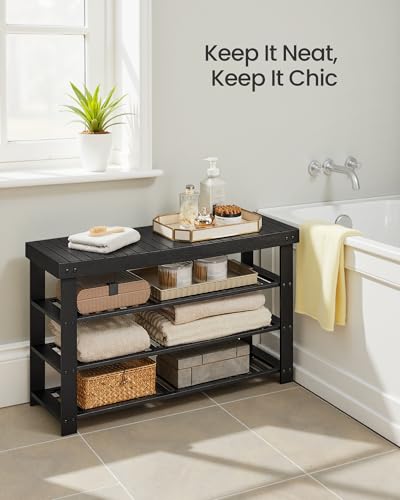 SONGMICS Shoe Rack Bench, 4 Tier Bamboo Shoe Storage Organizer, Entryway Bench, for Living Room, Bathroom, Bedroom, 11.3 x 35.2 x 20.5 Inches, Ink Black ULBS390BH01 SONGMICS