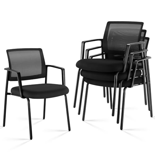 Sweetcrispy Mesh Back Stacking Arm Chairs 4 Pack, Upholstered Fabric Stack Chairs, Sturdy Metal, Easy to Use and Store, Outdoor and Indoor, for Home, Office, Party, Comfy,Black Sweetcrispy