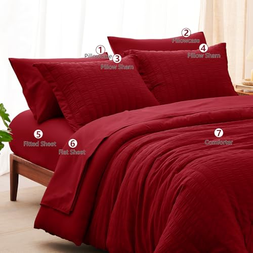 CozyLux King Size Comforter Set Dark Red Seersucker 7 Pieces Bed in a Bag King Comforter Set with Sheets, Luxury Bedding Sets with Down Alternative Comforter, Sheets, Pillowcases & Shams All Seasons