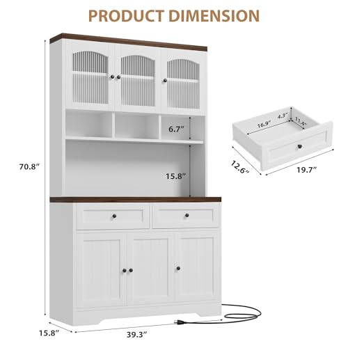 Garvee 71" Pantry Cabinet with Charging Station, Tall Kitchen Pantry Storage Cabinet with Microwave Stand, Farmhouse Kitchen Hutch with Storage Drawers for Living Room, Dining Room, White Garvee