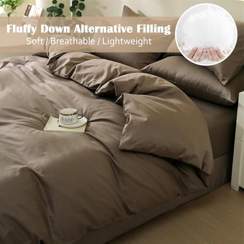 Nanko King Size Comforter Set Brown, All Season Soft Down Alternative Duvet Insert, Microfiber Filling Bed Sets, Modern Farmhouse Bedding Sets in a Bag for Women Men 104 x 90 inch 3 PCS Dark Coffee Nanko