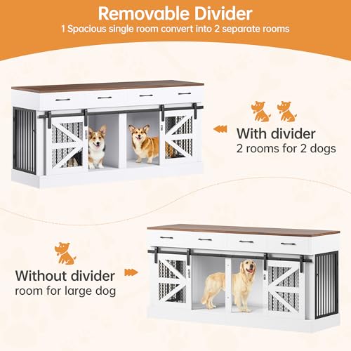 SELOOYE Dog Crate Furniture for 2 Dogs 71'' Extra Large Wooden Double Dog Crate TV Stand with Removable Divider, Multi-Functional Dog Cage with 4 Storage Drawers & 4 Doors for Large & Medium Dogs SELOOYE