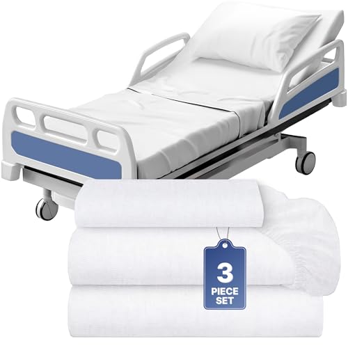 3 Piece Hospital Bed Sheet Set, Soft Jersey Knitted T-Shirt Quality, 1 Flat, 1 Fitted, 1 Pillowcase White Classic