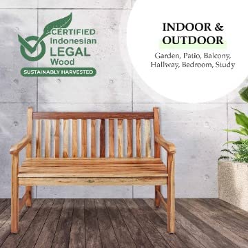 EcoDecors Hampstead Heath Outdoor Bench Teak Wood Garden Bench Patio Bench with Armrests and Backrest, Yard Benches for Indoor and Outdoors- Natural Teak EcoDecors