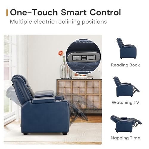 ANJ Power Home Theater Seating, PU Leather Electric Recliner Chair with Adjustable Headrest, Dual Motors Movie Reclining Chairs with LED Lights,USB Port, Cup Holders, Hidden Arm Storage (Blue & Black)