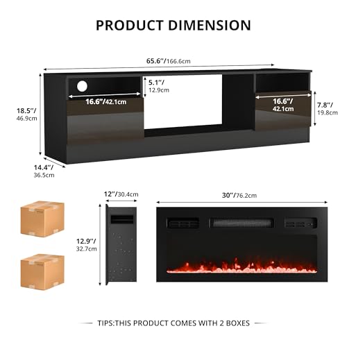 Cozy Castle Fireplace Tv Stand with 30”Electric Fireplace Up to 75" Tvs,LED High Gloss Modern Tv Stand for 65 70" Tv,Entertainment Center Tv Console with Storage,Charging Station for Living Room,Black Cozy Castle