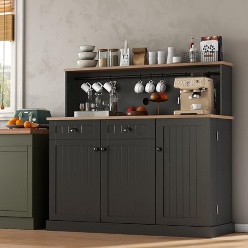 Gyfimoie Sideboard Buffet Cabinet with 2 Drawers, Farmhouse Kitchen Pantry with Adjustable Shelves, Coffee Bar Cupboard Cabinet with 3 Doors for Kitchen, Dining Room (Black) Gyfimoie