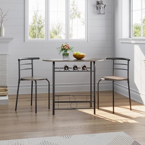Yaheetech 3 Piece Dining Table Set, Kitchen Table & Chair Sets for 2, Compact Bistro Table Set with Steel Legs, Built-in Wine Rack for Small Space, Apartment, Breakfast Nook, Drift Brown Yaheetech