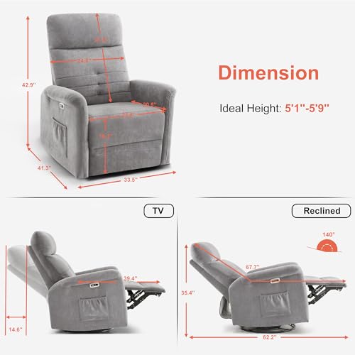 MCombo Power Swivel Glider Recliner Chair, Electric Rocker Recliner Chairs with USB Charging Ports for Living Room and Nursery, Fabric 7763 (Light Grey)