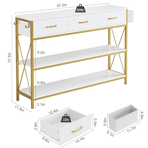 HITHOS 47.2" Console Table with 3 Drawers, Narrow Long Entryway Table with 3-Tier Storage Shelves, Industrial Sofa Foyer Table for Living Room, Hallway, Entry Way, Foyer, Kitchen, White/Gold HITHOS