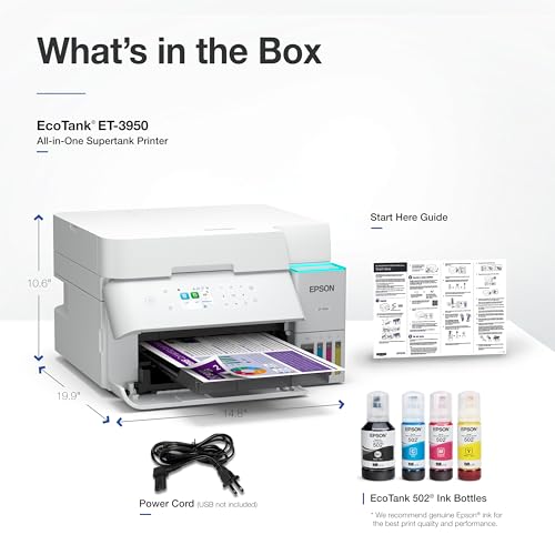 Epson EcoTank ET-3950 Wireless All-in-One Color Supertank Printer with up to 3 Years of Ink Refillable Tanks, Perfect for Home Office, 18 PPM, 2.4" Colorful Touchscreen, Auto Document Feeder - White