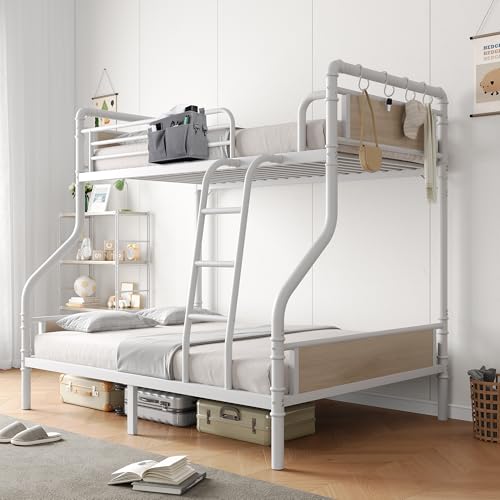 Jocoevol Metal Bunk Bed Twin Over Full, Industrial Bunkbeds Heavy Duty Bed with Safety Guard Rails and Space-Saving Design, Steel Bed for School, Bedroom (White) Jocoevol