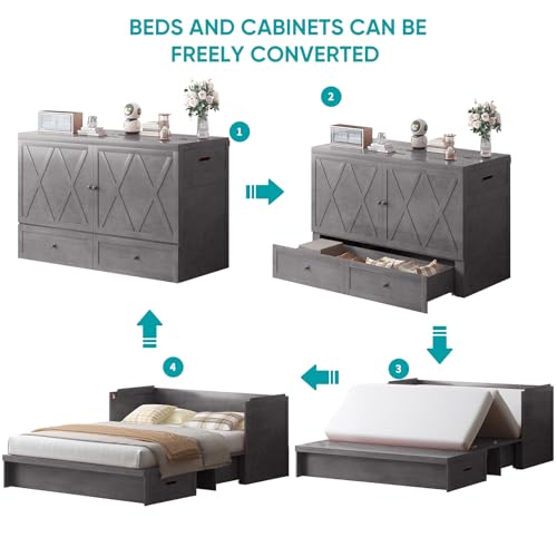 BALUS Murphy Bed, Cabinet Bed Queen with Tri-Folding Memory Foam Mattress & USB Charging Station, Farmhouse Murphy Beds Cabinet with Large Storage Drawers for Home/Guest Room/Bedroom, Gray