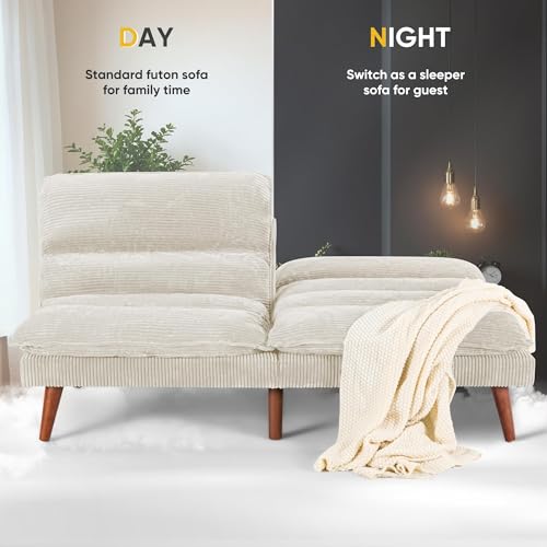 Flamaker Convertible Futon Sofa Bed Futon Couch with Adjustable Back Upholstered Sleeper Sofa Bed for Living Room Furniture (Corduroy, White) Flamaker