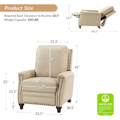 HULALA HOME Genuine Leather Manual Recliner Chair with Adjustable Backrest & Footrest, Mid Century Modern Push Back Recliner with Nailhead Trim & Wood Legs-for Living Room Home Theater, Beige