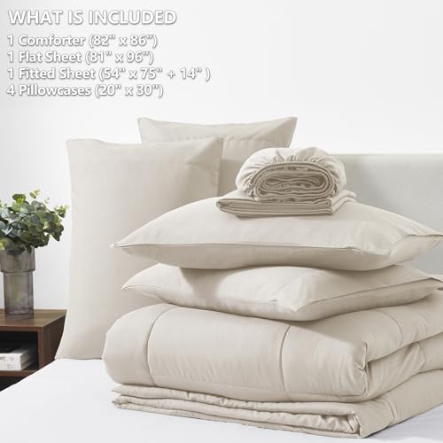 CozyLux Full Size Comforter Sets Beige, 7 Pieces Bed in a Bag, Beige Comforter Full Size, All Season Bedding Sets with Stitch Quilted Comforter, Flat Sheet, Fitted Sheet, Pillowcases CozyLux