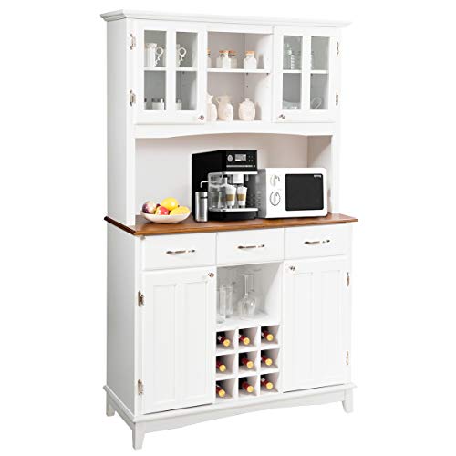 Giantex Buffet Hutch Cabinet, Kitchen Hutch Sideboard, Buffet Cabinet on Storage Island, Wood Kitchenware Server with 3 Large Drawers and 9 Wine Bottle Modules (White) Giantex
