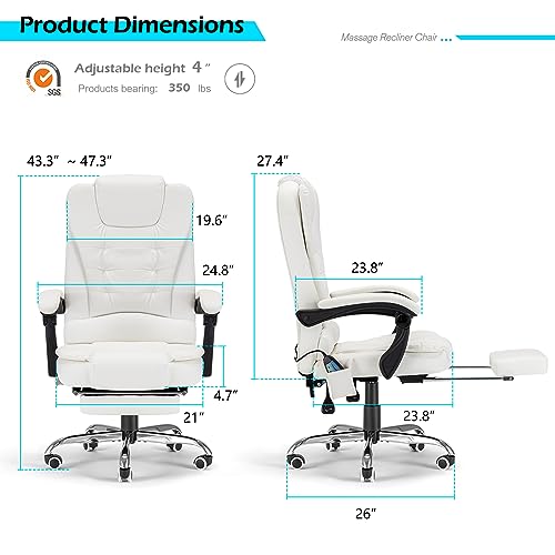 YODOLLA Ergonomic Reclining Office Chair with 7 Massage Points and Heat Function, Leather Executive Home Desk Chair w/Retractable Footrest, High Back Swivel Computer Chair, Cream White YODOLLA