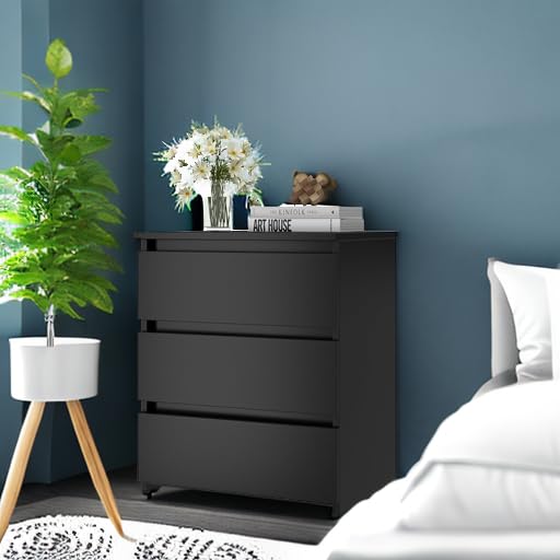 FOTOSOK Black Nightstand with 3 Drawers, Black Bedside Table Night Stand for Bedroom with Cut-Out Handle, Sofa Side Table 3 Drawer Nightstand for Bedroom, 17.7W*15D*21.7H FOTOSOK