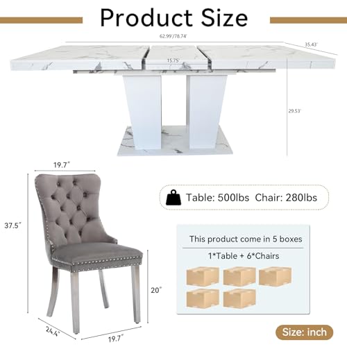 Goujxcy 7-Piece Extendable Dining Table Set for 6-8 People 63-78 Inch Kitchen Table Set with 6 Grey Upholstered Chairs Modern White Faux Marble Rectangular Dining Room Table Set for Kitchen Apartment Goujxcy