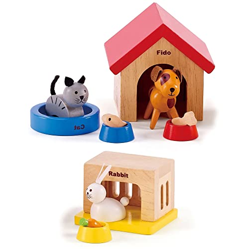 Family Pets Wooden Dollhouse Animal Set by Hape | Complete Your Wooden Dolls House with Happy Dog, Cat, Bunny Pet Set with Complimentary Houses and Food Bowls Hape