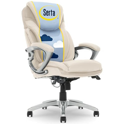 Serta Bryce Executive Office Chair, Ergonomic Computer DeskChairs with Patented AIR Lumbar Support, Comfy Body Pillows, Height Adjustable, Swivel Base with Wheels, Bonded Leather, Cream White