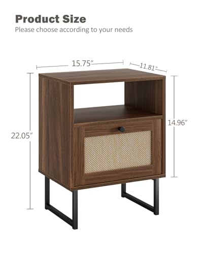 Apetaccat Rattan Nightstand, Boho Night Stand Farmhouse Wood Bedside Table with Storage and Open Shelf, End Side Accent Table for Bedroom,Living Room,Walnut Apetaccat