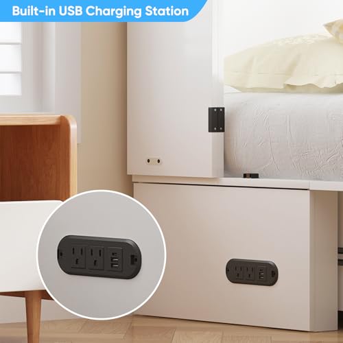 Mjkone Queen Size Murphy Bed Cabinet with Drawers & Tri-Folding Mattress, Modern Multifunctional Guest Chest Cabinet Wall Bed with USB Charging Station for Bedroom Living Room Apartment - White Mjkone