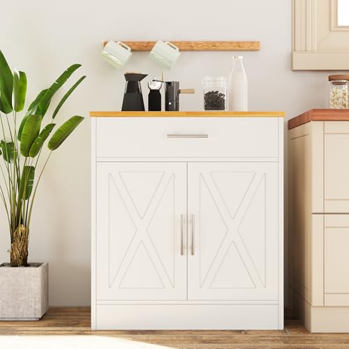 Vongrasig Farmhouse Coffee Bar Cabinet, Small Sideboard Buffet with Storage, Modern Kitchen Storage Cabinet with 1 Drawer and 2 Doors for Kitchen, Dining Room, White Vongrasig