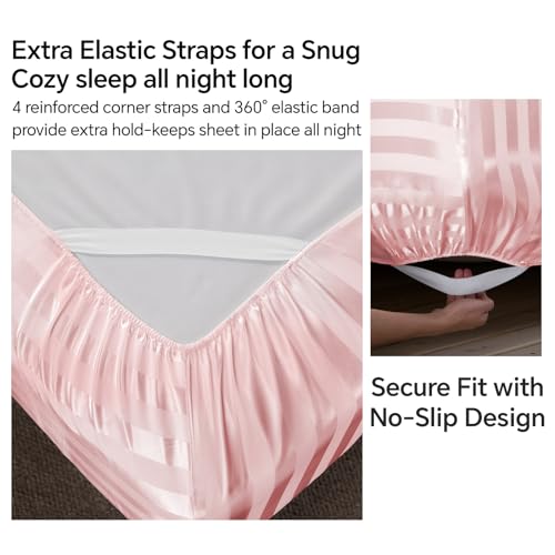 BEDELITE Satin Sheets Queen Size, Luxury Jacquard Striped Pink Bedsheets Set with Elastic Corner Straps, Similar to Silk Sheets Set 4 PC with 1 Deep Pocket Fitted Sheet, 1 Flat Sheet, & 2 Pillowcases BEDELITE