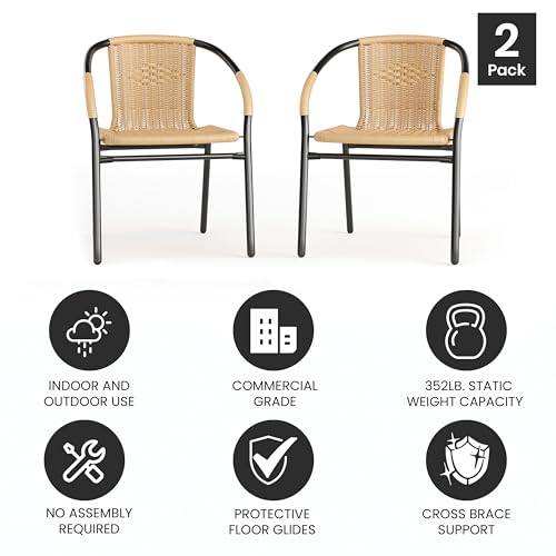 EMMA + OLIVER 2 Pack Beige Rattan Indoor-Outdoor Restaurant Stack Chair with Curved Back EMMA + OLIVER