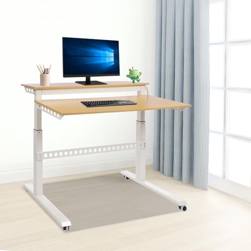 Ongniong 2 Tier Standing Rolling Desk Adjustable Height 47" Wide Manual Crank Mobile Standing Desk with Steel Frame Portable Stand up Desk Double Level Workstation 66.14lbs Weight Capacity Ongniong