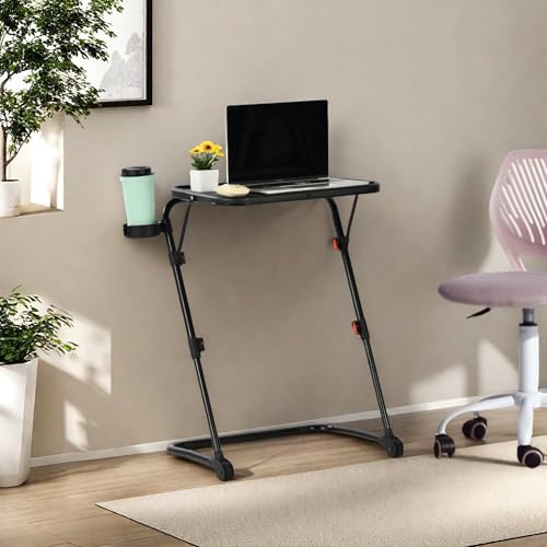 Homy Casa Adjustable Z Shaped Study Desk with Cup Holder, No Assembly Required,Space Saving Portable Laptop Foldable Table for Home Office Living Room & Bedroom, Sturdy Metal Frame with PP Top, Black Homy Casa