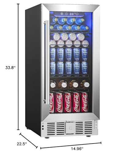 EUHOMY 15 Inch Beverage Refrigerator Cooler Under Counter 127 Cans Beverage Fridge Built-in or Freestanding with Glass Door, LED Light, Beer Fridge for Soda, Water, Wine - Home Kitchen Bar. EUHOMY