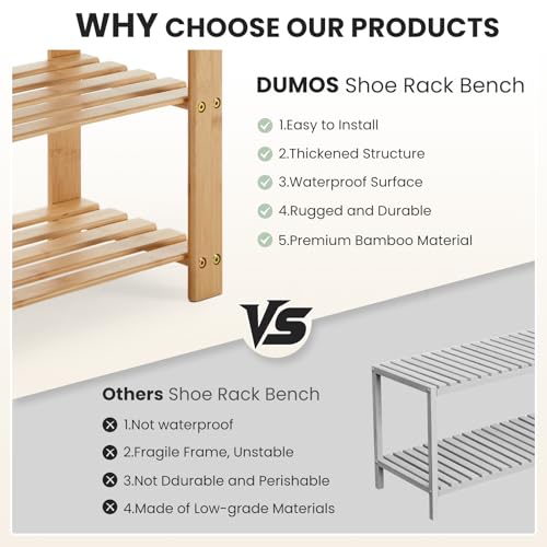 DUMOS Shoe Rack Bench, 3-Tier Bamboo Entryway Benches, Holds Up to 286 lb Storage Organizer, 11.22 x 27.6 x 18 Inches, Suitable for Bedroom Living Room Balcony, Classical Wood DUMOS