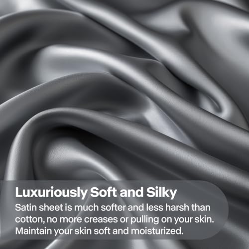 BEDELITE Satin Sheets Full Size Bed Set, Luxury Soft Dark Grey Silky Sheets for Hair and Skin, Similar to Silk Bed Sheets Set 4 Pieces with 1 Deep Pocket Fitted Sheet, 1 Flat Sheet, and 2 Pillowcases BEDELITE