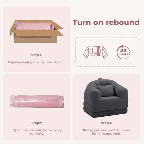 Korser Folding Sofa Bed, Convertible Sleeper Chair with Armrest, Floor Futon Couch with Pillow, Sleeper Single Chair for Adults, Couches for Living Room, Small Couches for Small Spaces,Grey Korser