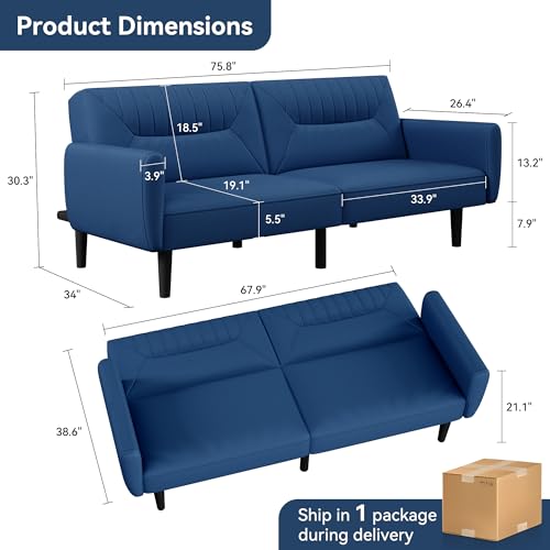 AMICLIBER Futon Sofa Bed,75.8" Linen Fabric Comfy Futon Couch Bed,3 Seater Convertible Sleeper Sofa with Adjustable Backrests,Modern Folding Loveseat for Living Room,Office,Apartment,Bedroom,Blue AMICLIBER