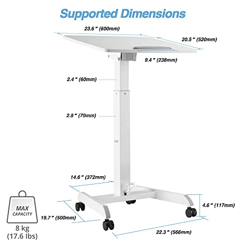 AVLT 47" Height Adjustable Mobile Workstation with Tilting Desk (3 ft 11 inches) - Foot Pedal Pneumatic Standing Desk Cart - Mobile Laptop Cart - Mobile White Cart with Brake Casters AVLT