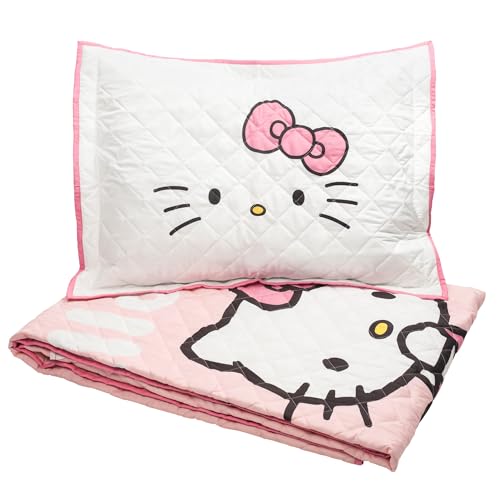Jay Franco Hello Kitty Pink Stripes & Hearts Twin Size Quilt & Sham Set - Super Soft Lightweight Bedspread Set Jay Franco