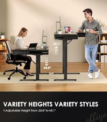 OffiGo 63 Inch L Shaped Electric Standing Desk with Drawers, Height Adjustable Large Desk with Power Outlets, Sit Stand Table, Writing Computer Desk for Home, Office, Workstation, Black OffiGo