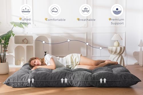 MAXYOYO Japanese Floor Mattress Full Size, 6" Foldable Futon Mattress Tufted Roll Up Floor Bed, Thick Polyester Tatami Mat Sleeping Pad for Camping Guest Room Dormitory Bedroom RV, Dark Grey MAXYOYO