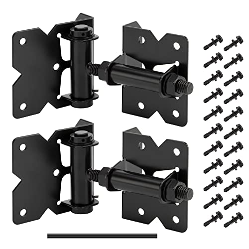 2 Pack Self Closing Gate Hinges for Wooden Fences Heavy Duty Solid Vinyl Fence Gate Closer Hinges with 22 Screws Swing Adjuster Tool 90 Degree Tension Boerboel Gate Hardware Kit Black Finish HILLMASTER