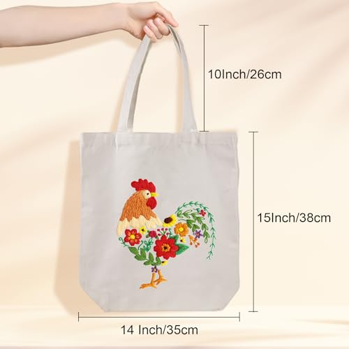 Louise Maelys Embroidery Kit Canvas Tote Bag for Beginners,Cross Stitch Kits for Adults,DIY Needlepoint Include Rooster and Flower Pattern,Women Shopping Reusable Grocery Bags